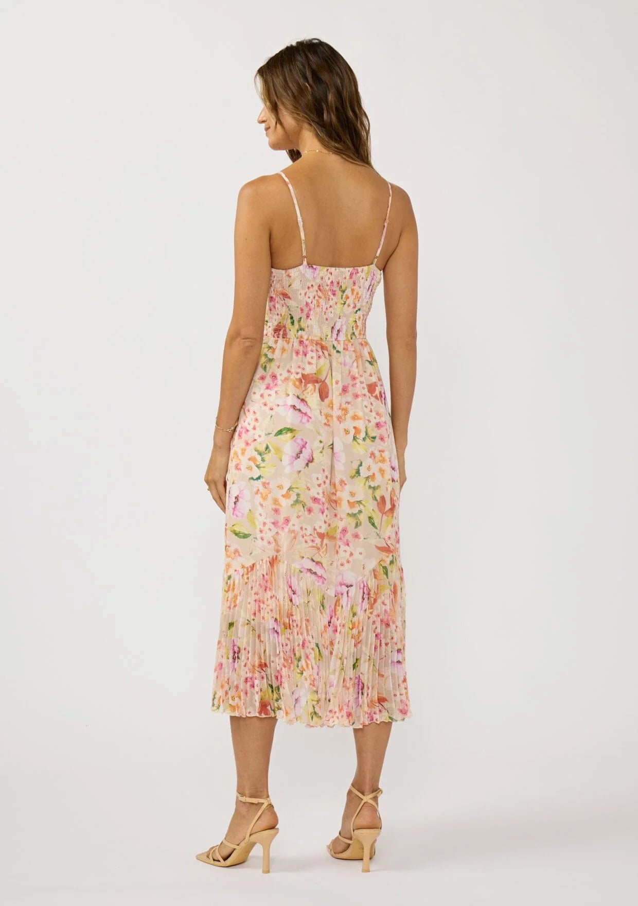 LOVE STITCH SONGBIRD PLEATED MIDI DRESS - NATURAL FUSCHIA