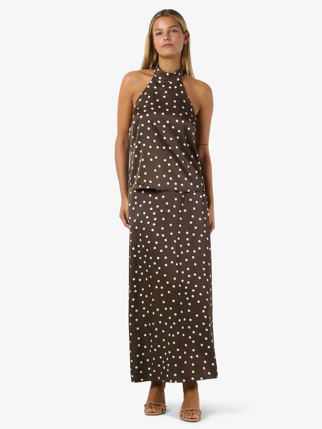 NM BAMBI POLKA DOT MIDI SATIN SKIRT - CHOCOLATE BROWN