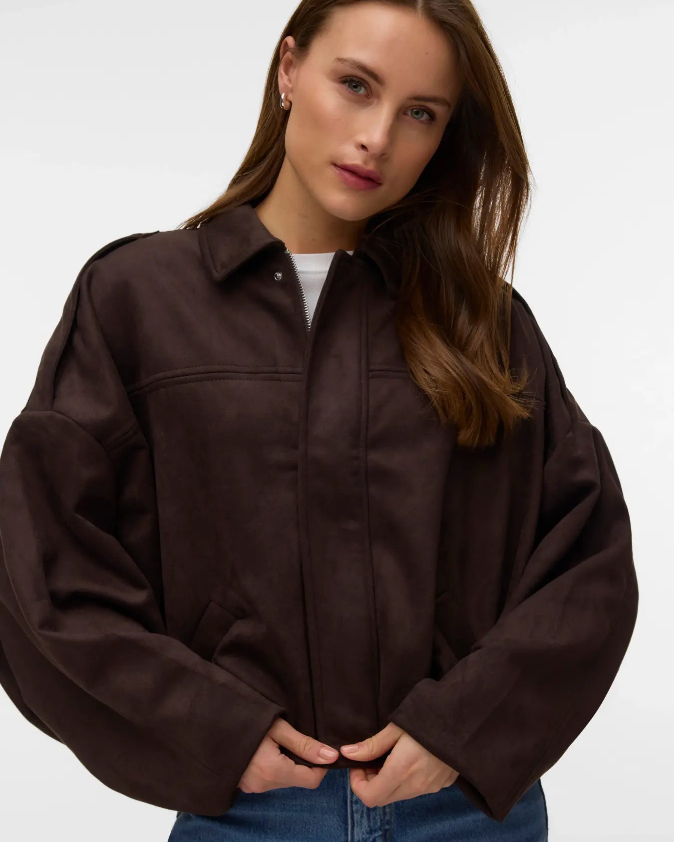 VM HAZEL FAUX SUEDE BOMBER JACKET - CHOCOLATE TORTE