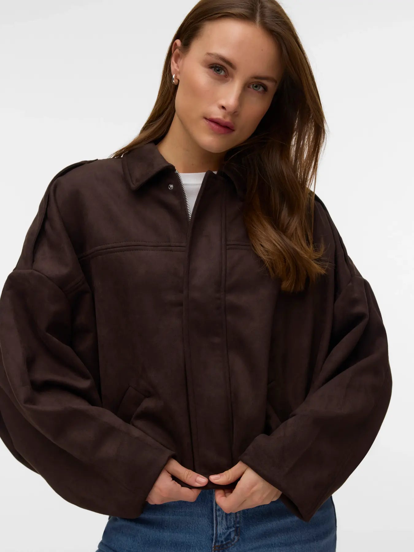 VM HAZEL FAUX SUEDE BOMBER JACKET - CHOCOLATE TORTE