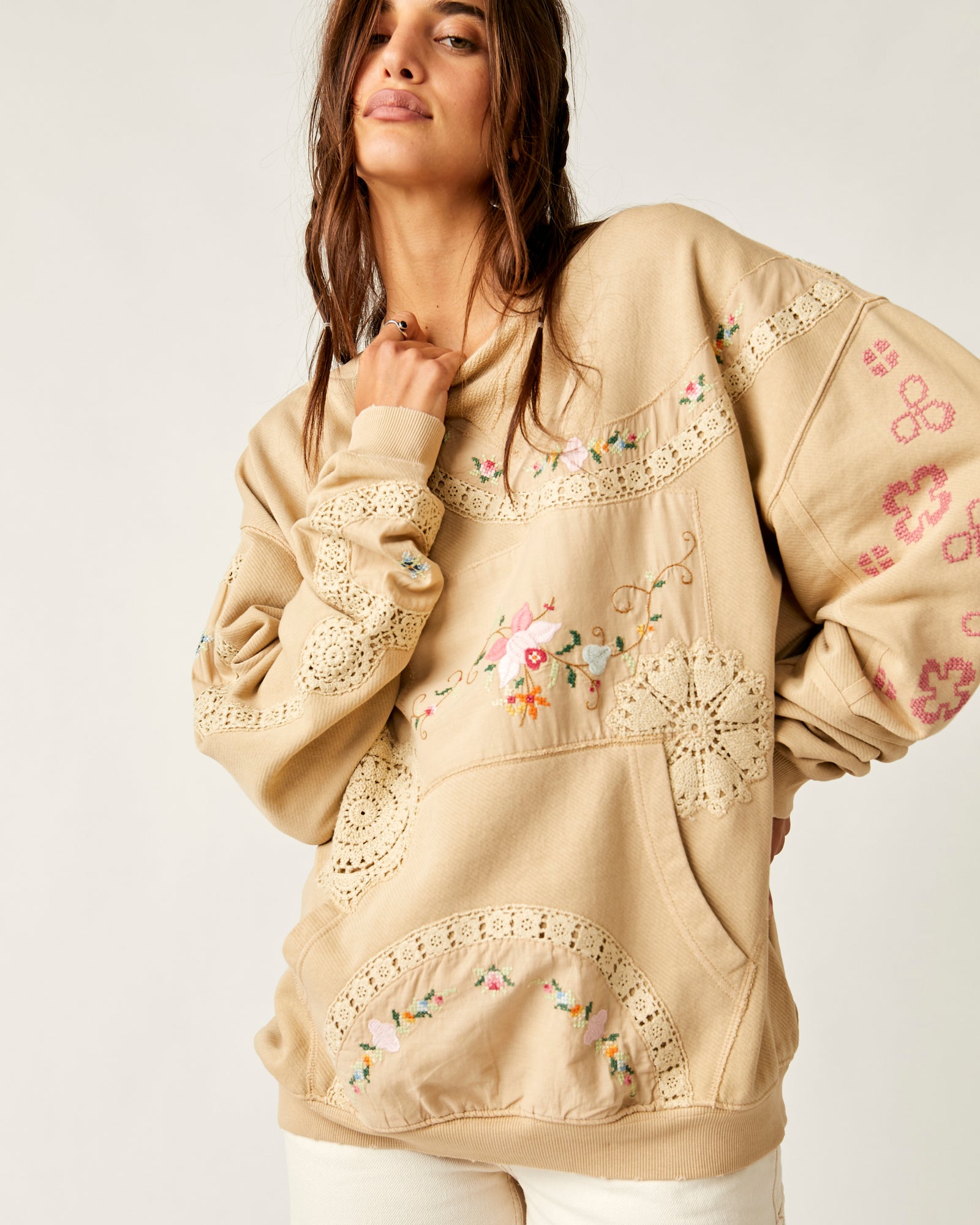 FREE PEOPLE GRAMS ATTIC SWEATSHIRT - MUSHROOM COMBO - LAST SIZE L