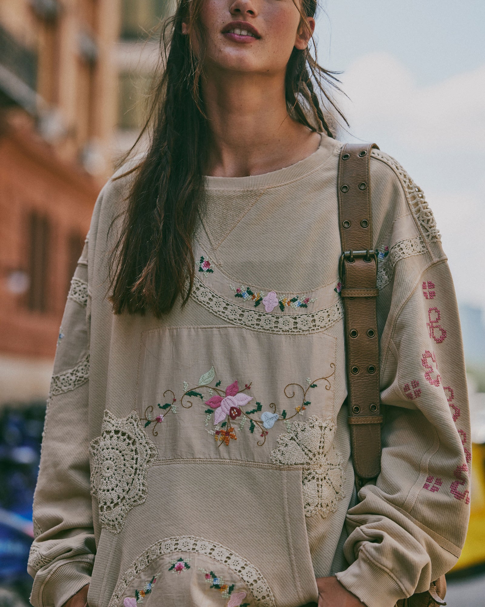 FREE PEOPLE GRAMS ATTIC SWEATSHIRT - MUSHROOM COMBO - LAST SIZE L