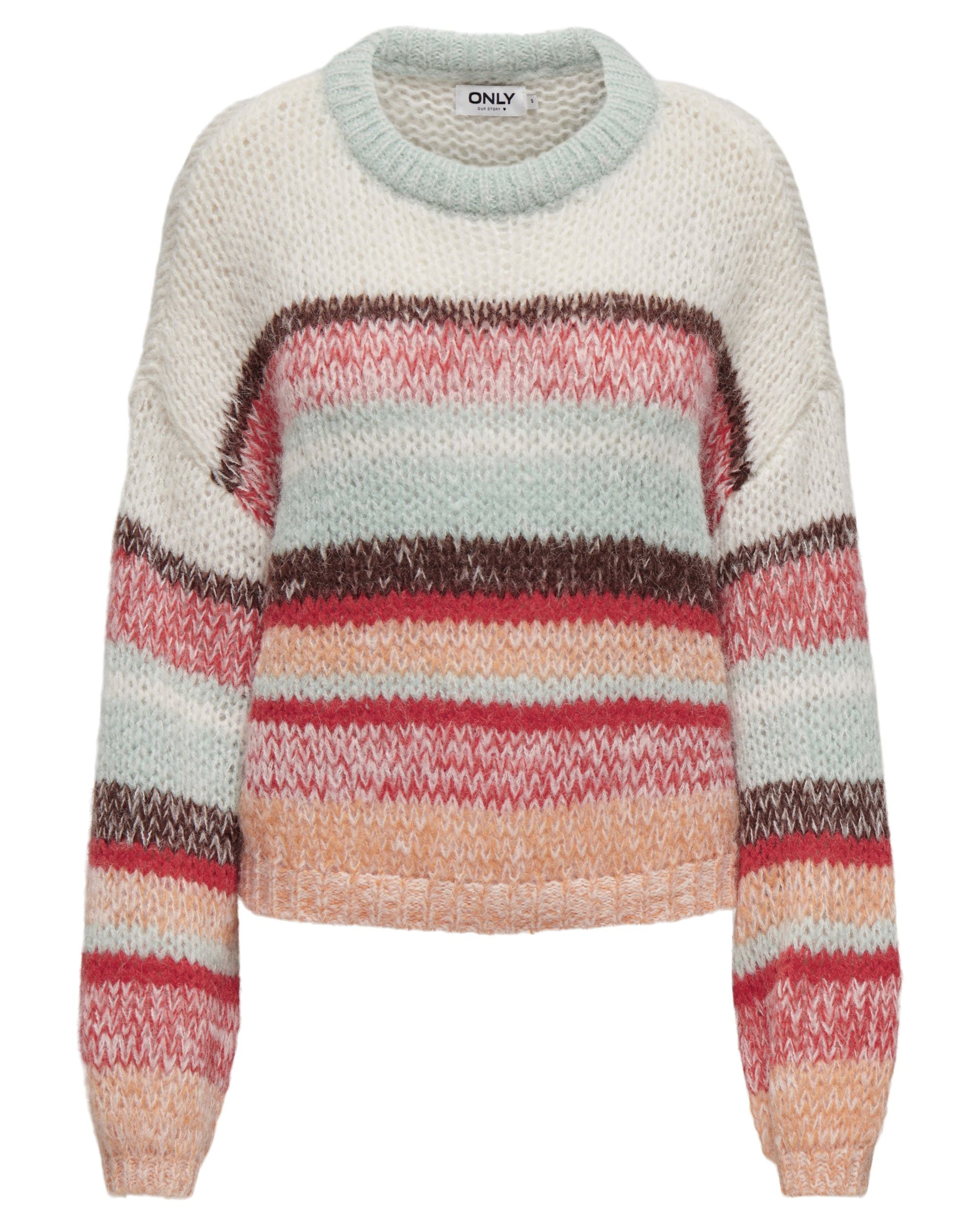 ALYSSA O NECK KNIT SWEATER - AQUA GREY STRIPES