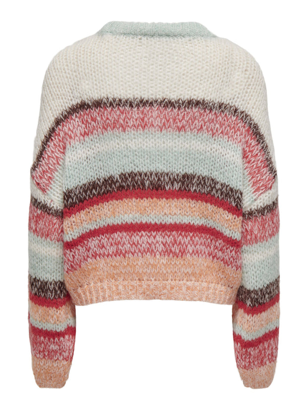 ALYSSA O NECK KNIT SWEATER - AQUA GREY STRIPES