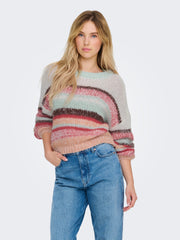 ALYSSA O NECK KNIT SWEATER - AQUA GREY STRIPES