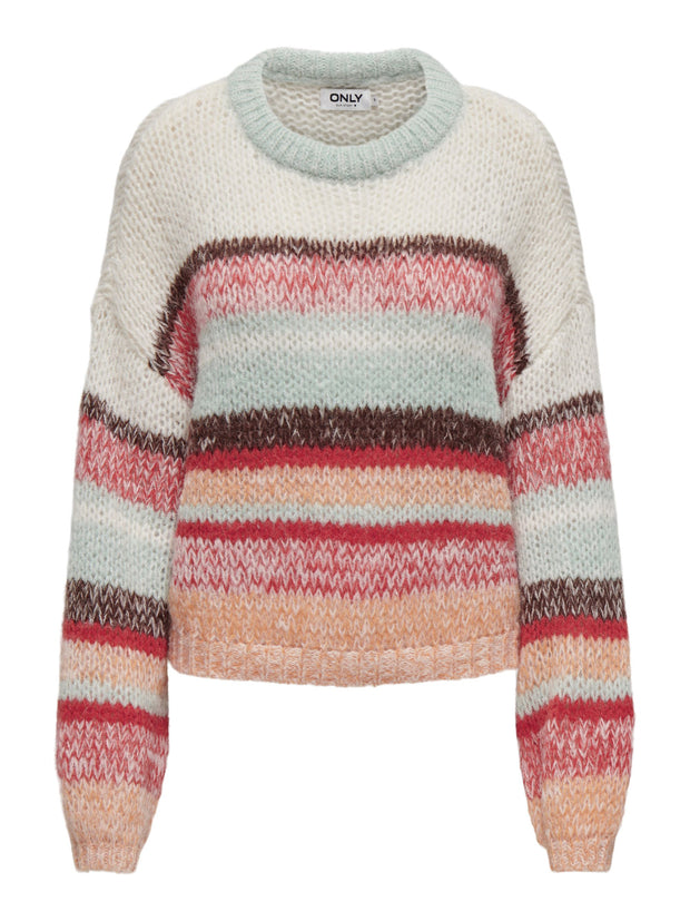 ALYSSA O NECK KNIT SWEATER - AQUA GREY STRIPES