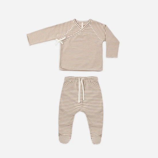 QUINCY MAE WRAP TOP + FOOTED PANT SET - ALMOND STRIPE