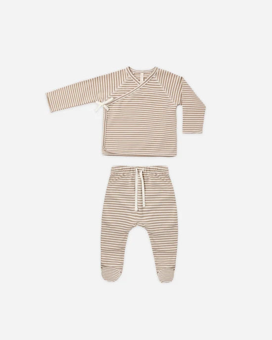QUINCY MAE WRAP TOP + FOOTED PANT SET - ALMOND STRIPE