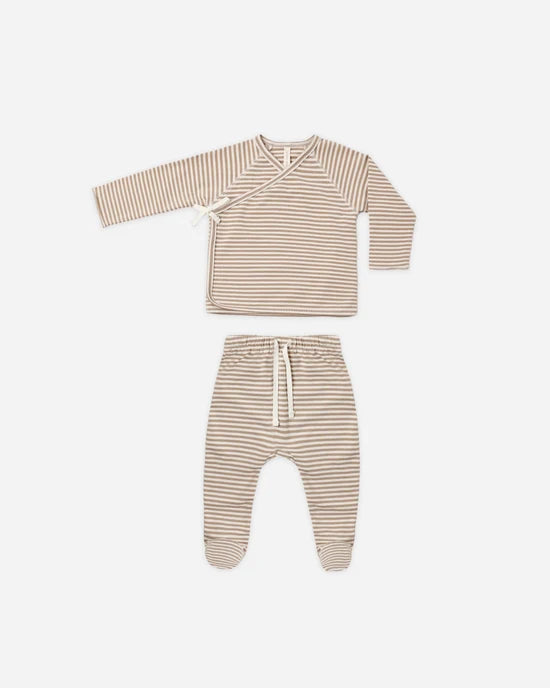 QUINCY MAE WRAP TOP + FOOTED PANT SET - ALMOND STRIPE