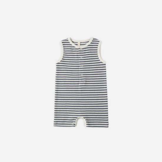 QUINCY MAE RIBBED HENLEY ROMPER - OCEAN STRIPE