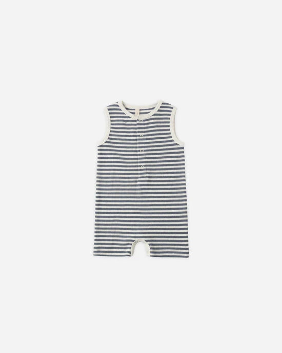 QUINCY MAE RIBBED HENLEY ROMPER - OCEAN STRIPE
