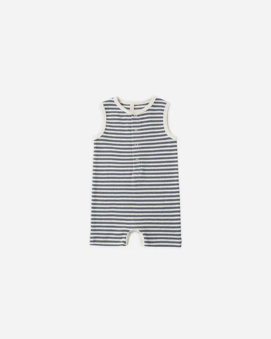 QUINCY MAE RIBBED HENLEY ROMPER - OCEAN STRIPE