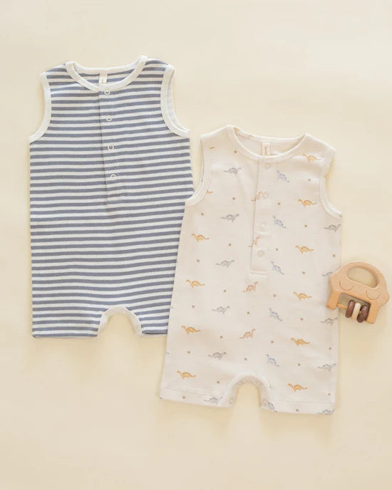 QUINCY MAE RIBBED HENLEY ROMPER - OCEAN STRIPE