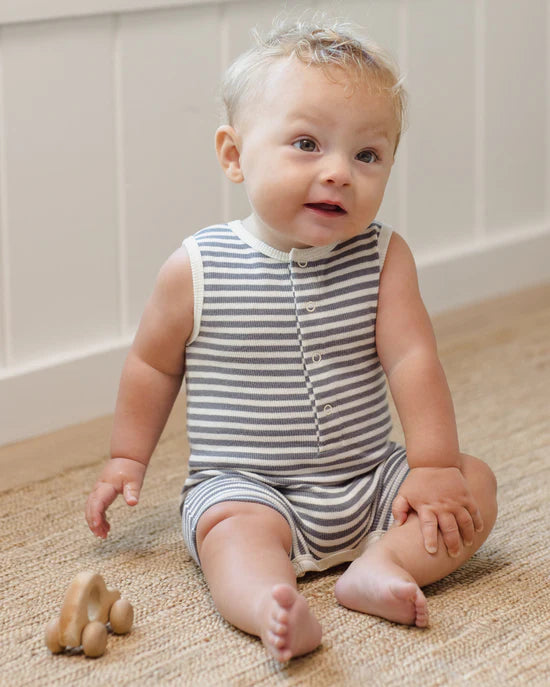 QUINCY MAE RIBBED HENLEY ROMPER - OCEAN STRIPE