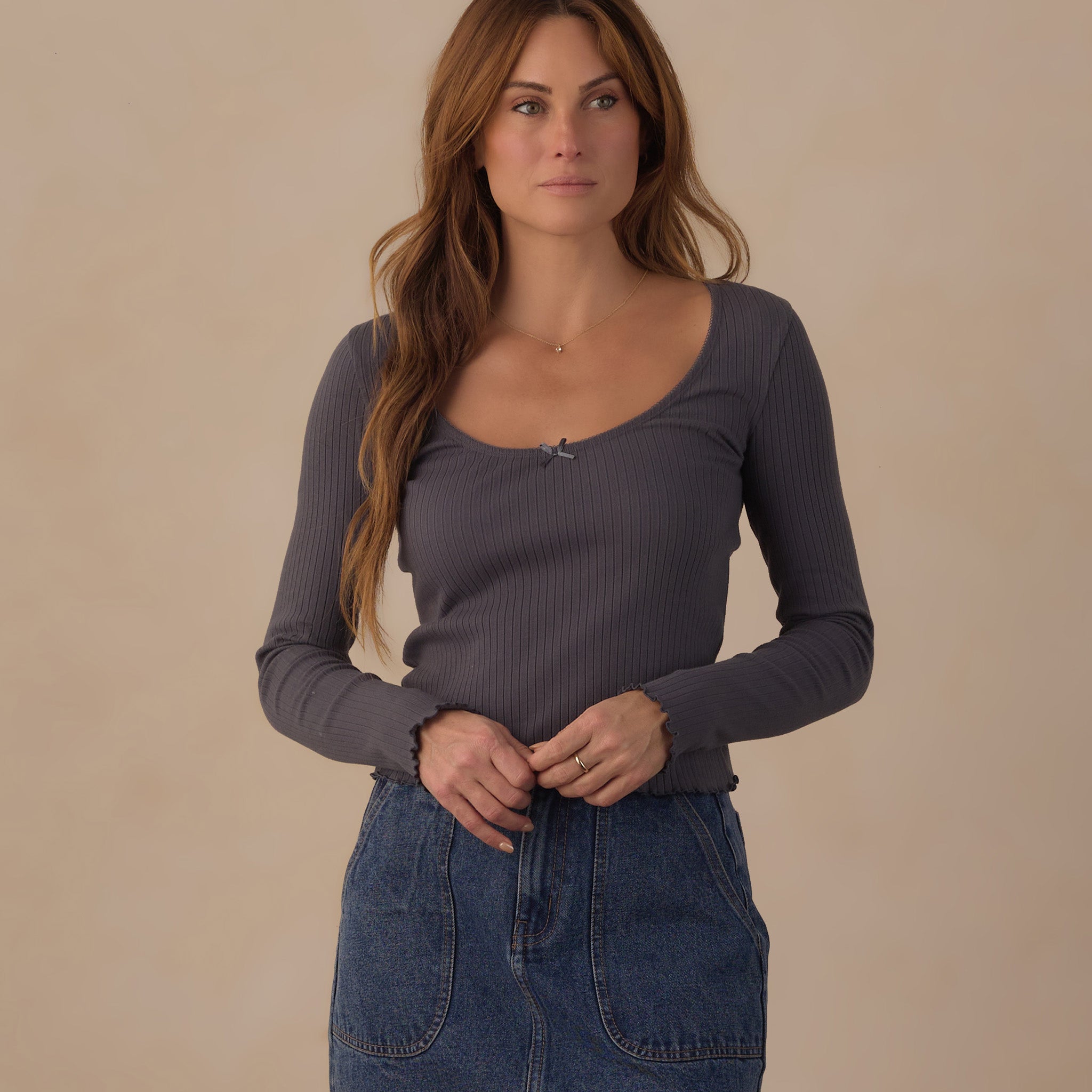 RYLEE + CRU RIBBED LONG SLEEVE - MIDNIGHT