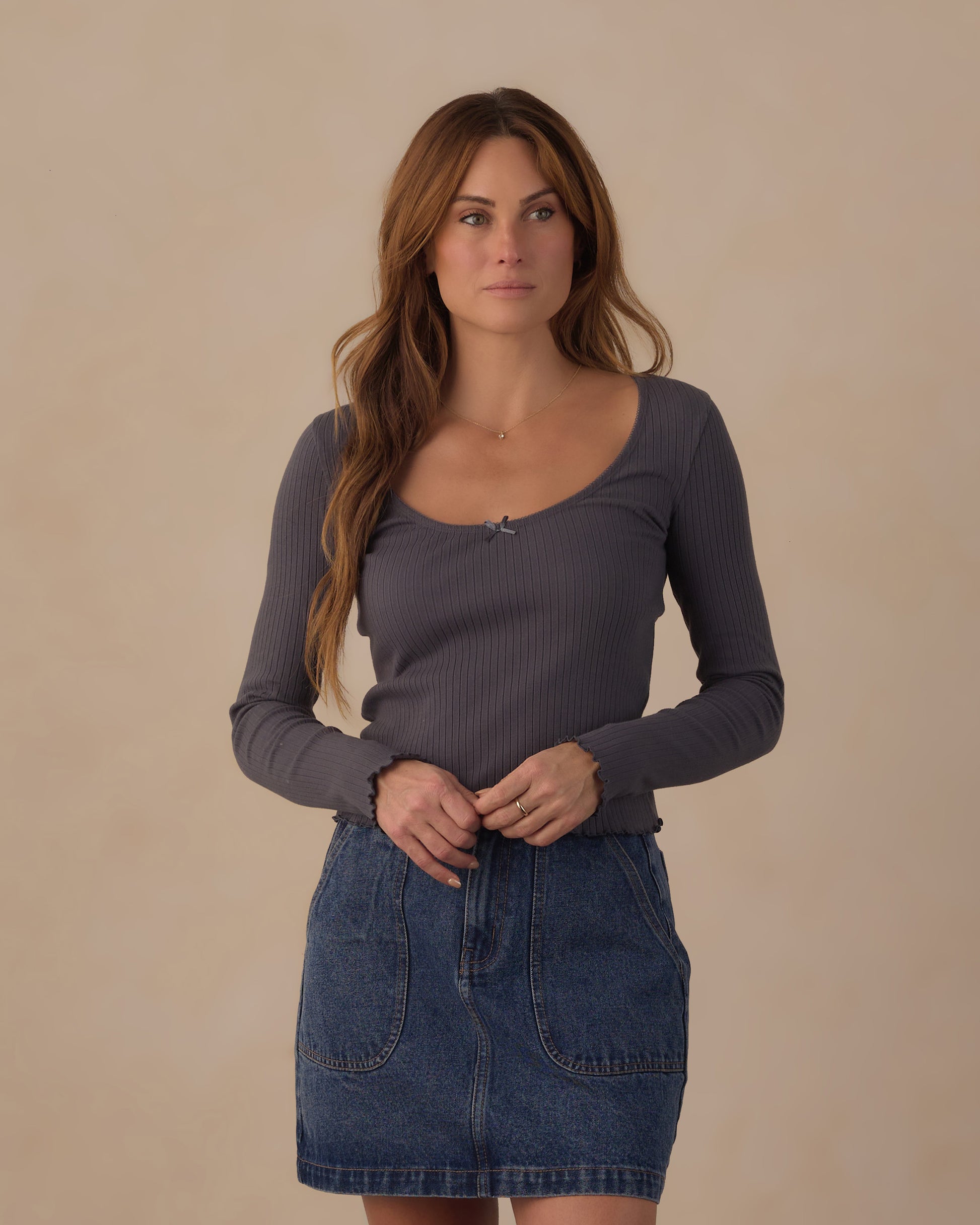 RYLEE + CRU RIBBED LONG SLEEVE - MIDNIGHT