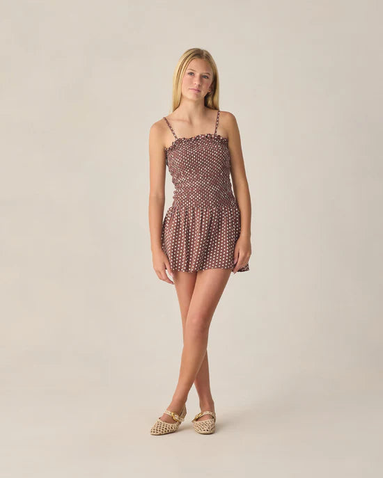 RYLEE + CRU DARIA DRESS - CHOCOLATE POLKA DOT
