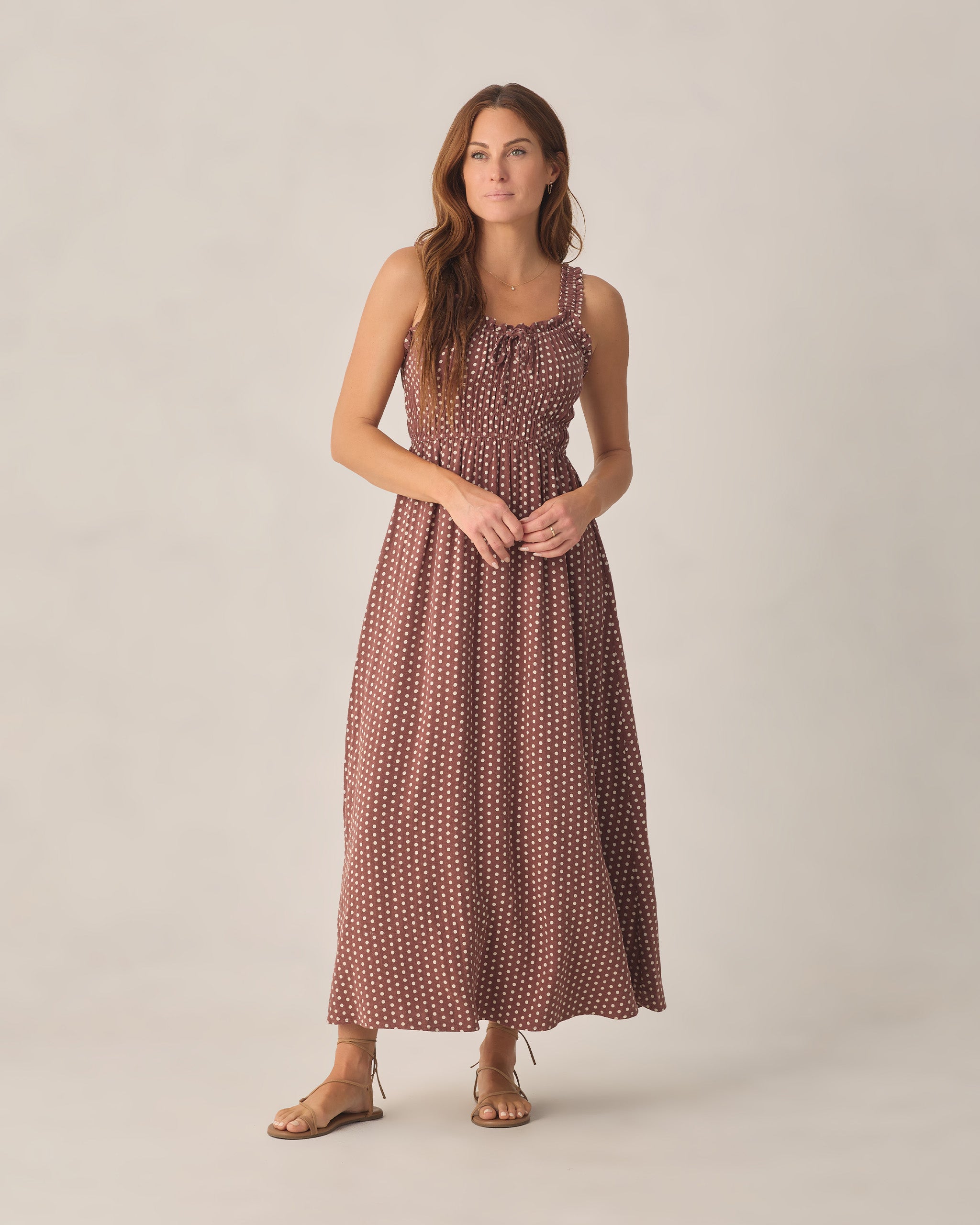 RYLEE + CRU JANE DRESS - CHOCOLATE POLKA DOT
