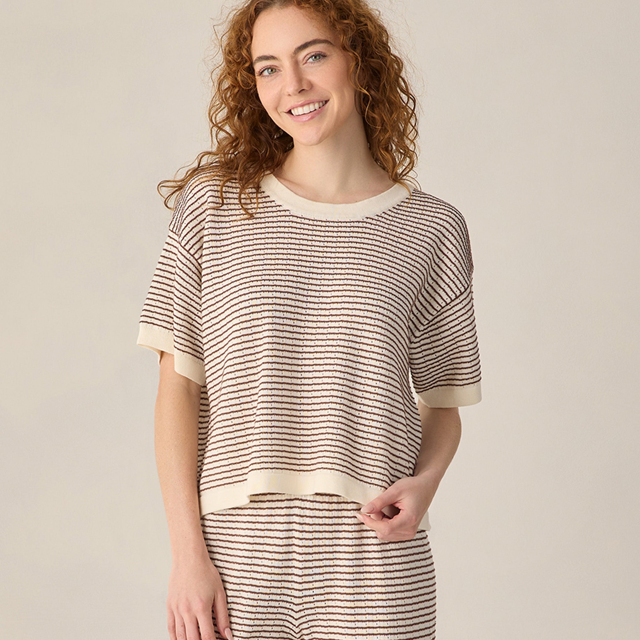 RYLEE + CRU BOXY CROP KNIT TEE - CHOCOLATE STRIPE