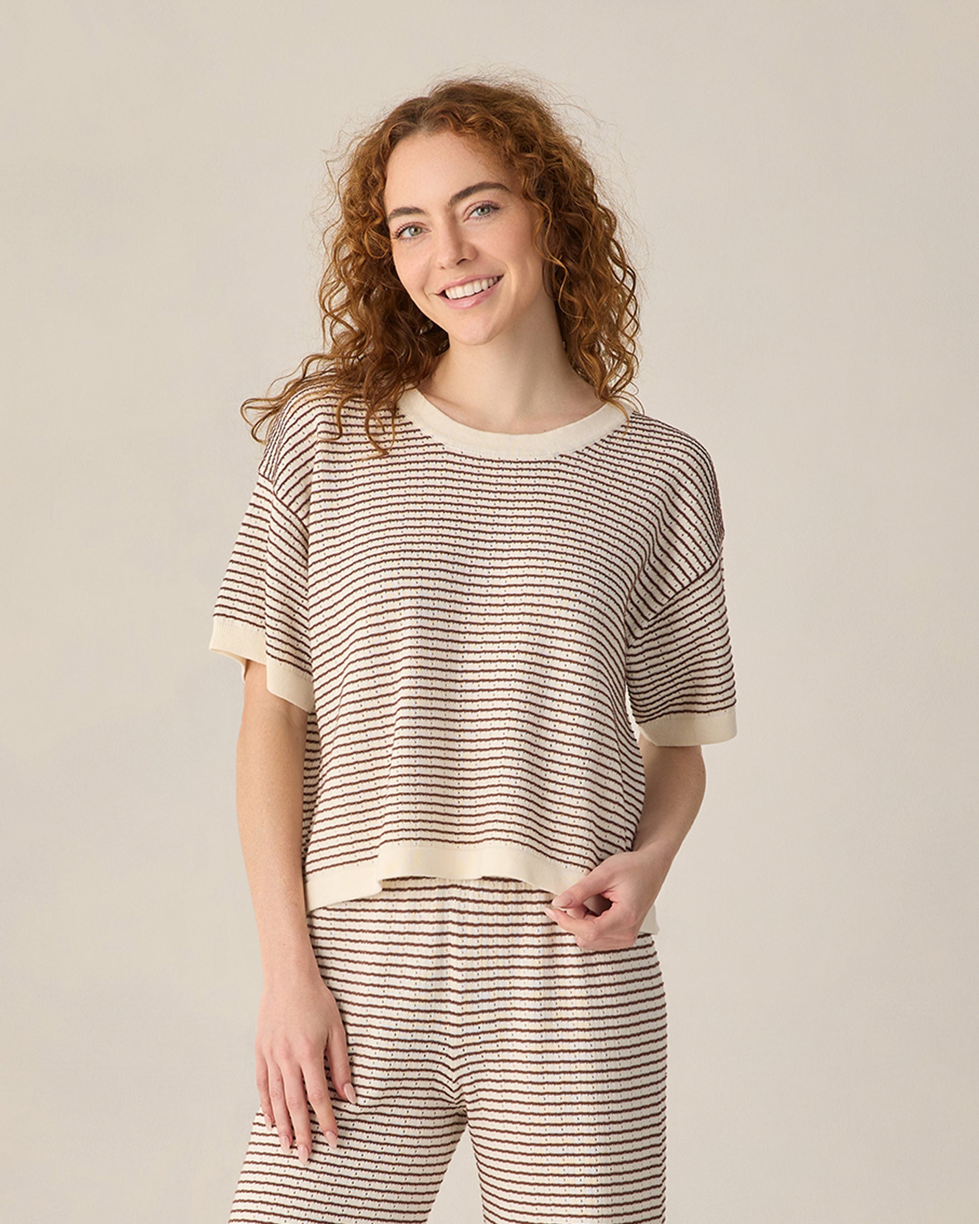 RYLEE + CRU BOXY CROP KNIT TEE - CHOCOLATE STRIPE