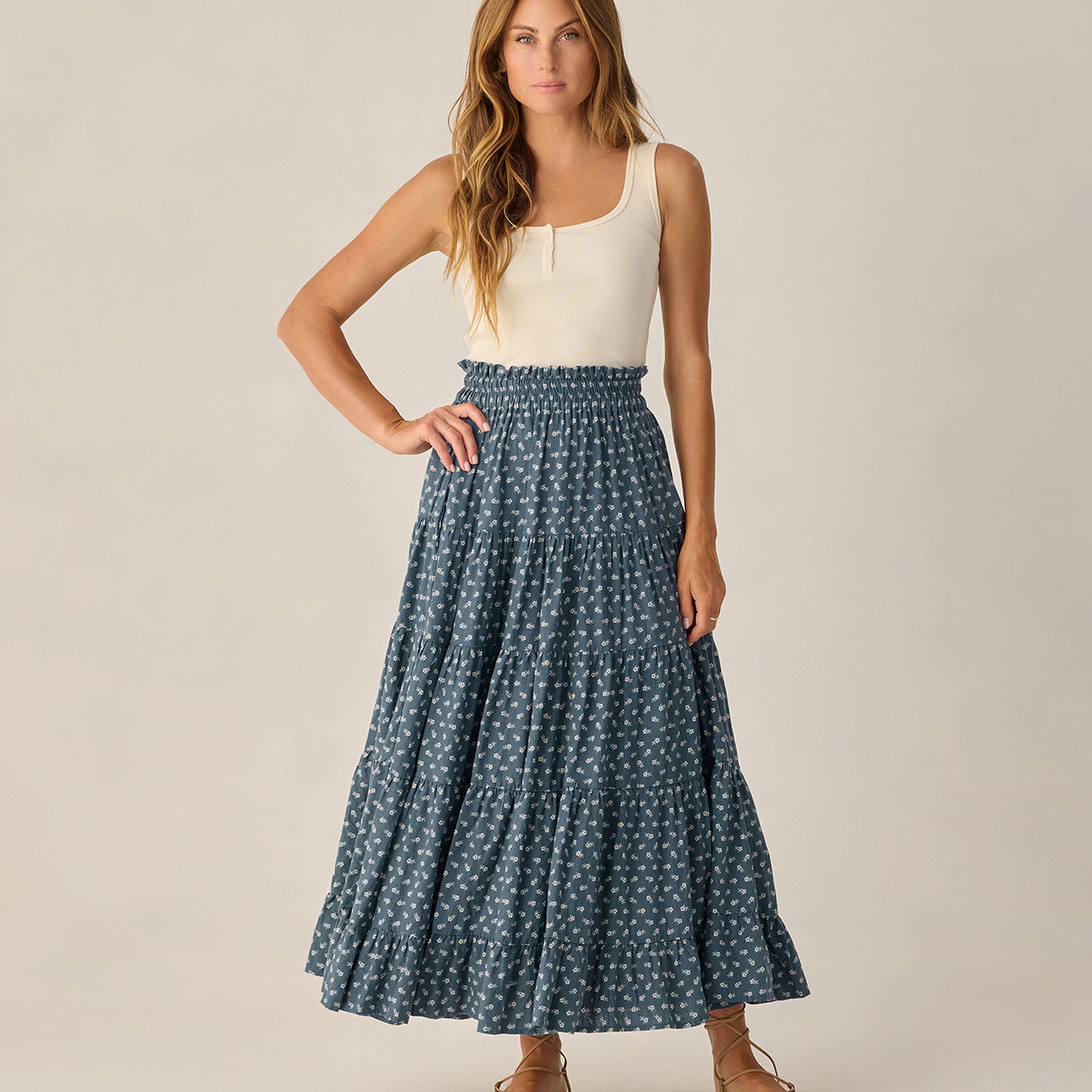 RYLEE + CRU RUFFLED TIERED MAXI SKIRT - BLUE DITSY