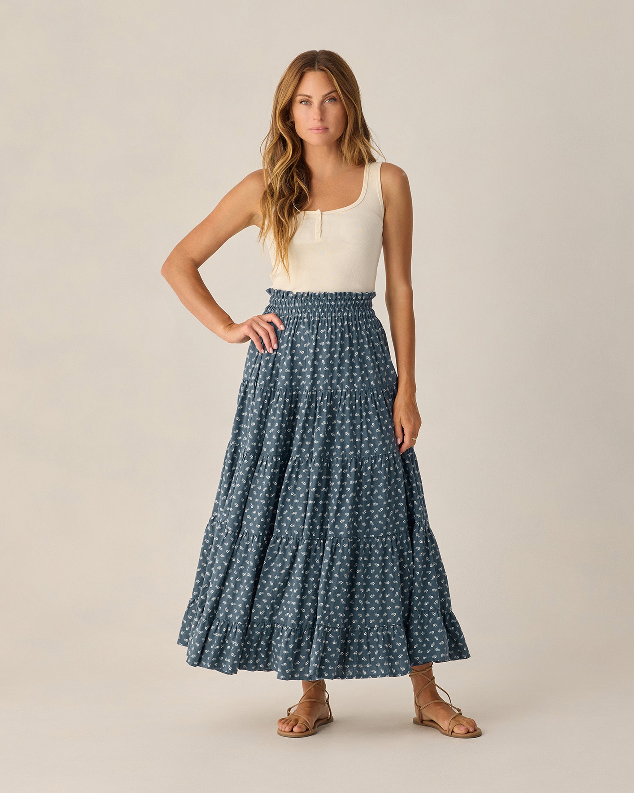 RYLEE + CRU RUFFLED TIERED MAXI SKIRT - BLUE DITSY