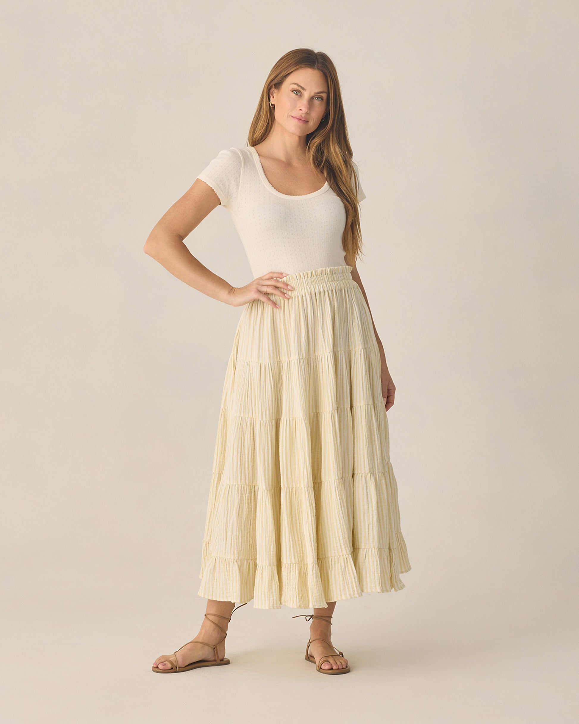 RYLEE + CRU RUFFLED TIERED MAXI SKIRT - CITRON STRIPE