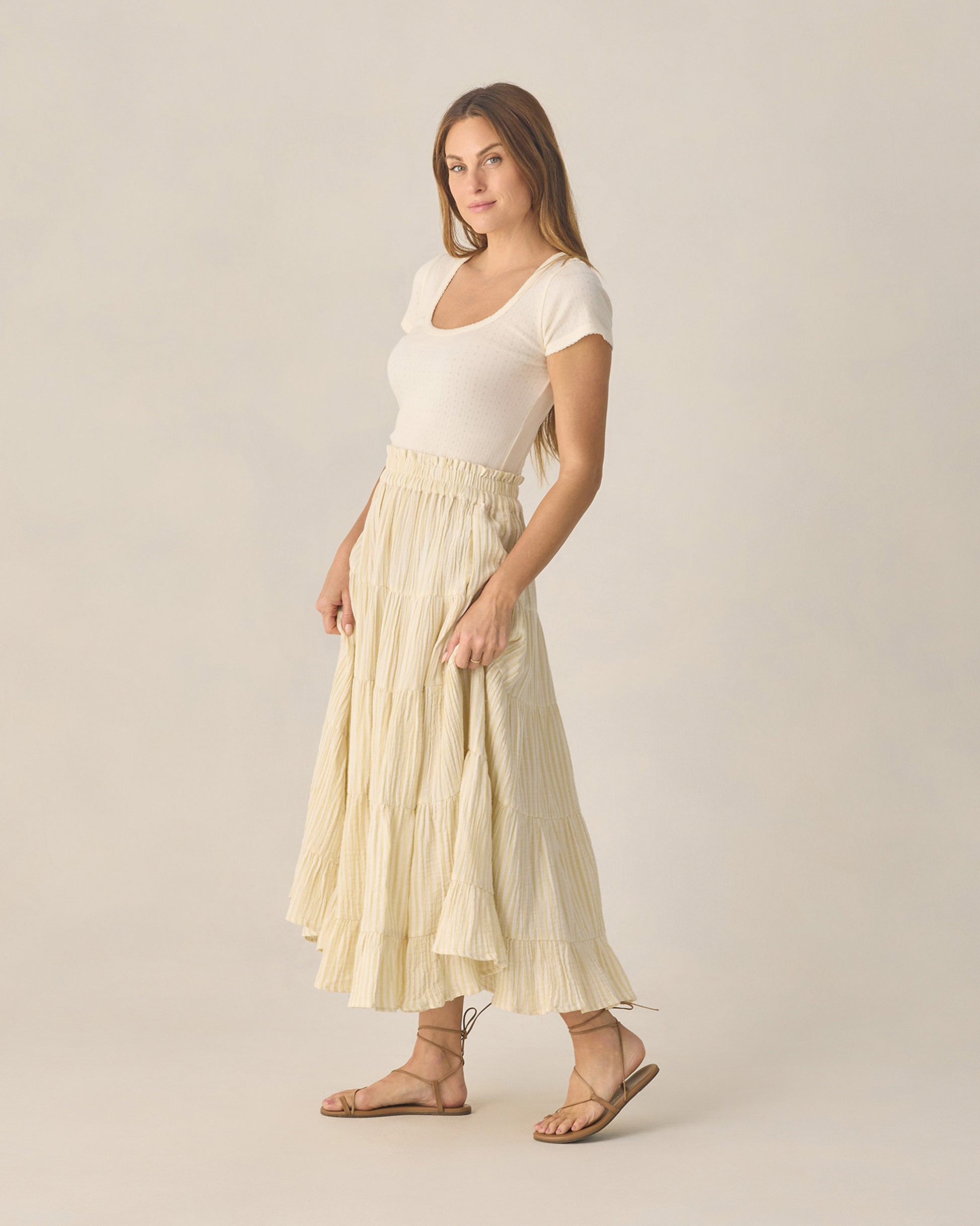 RYLEE + CRU RUFFLED TIERED MAXI SKIRT - CITRON STRIPE