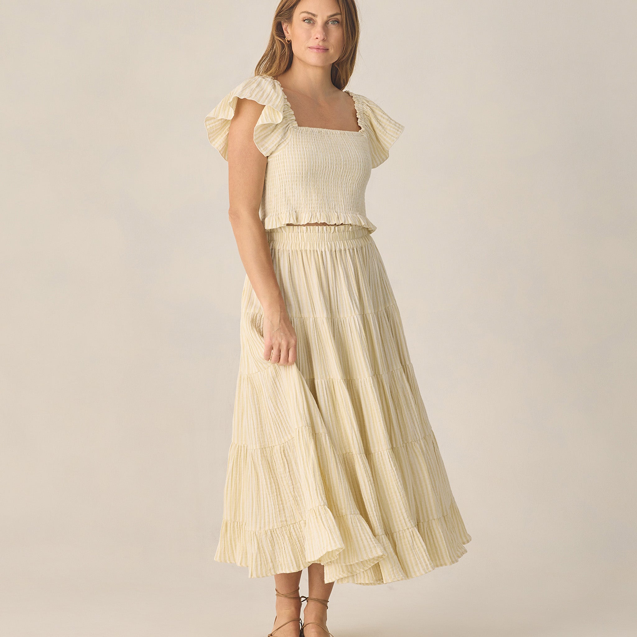 RYLEE + CRU RUFFLED TIERED MAXI SKIRT - CITRON STRIPE