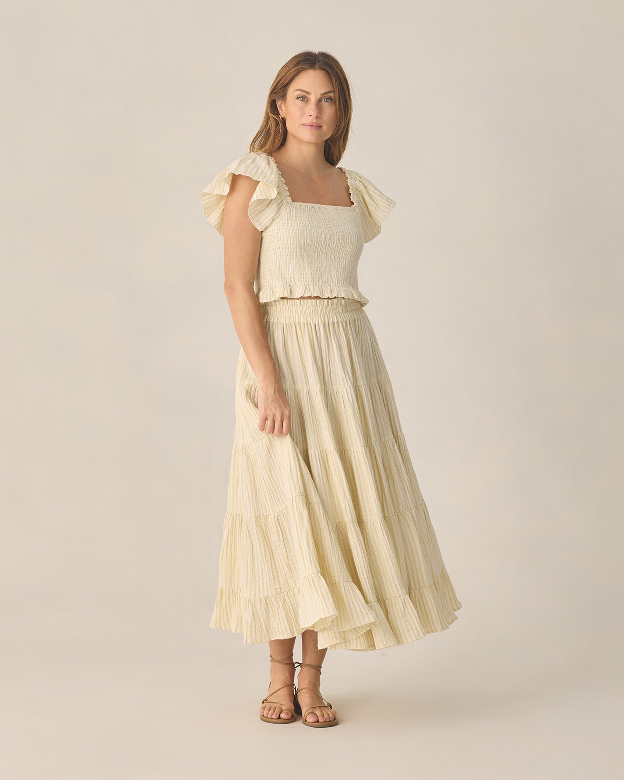 RYLEE + CRU RUFFLED TIERED MAXI SKIRT - CITRON STRIPE
