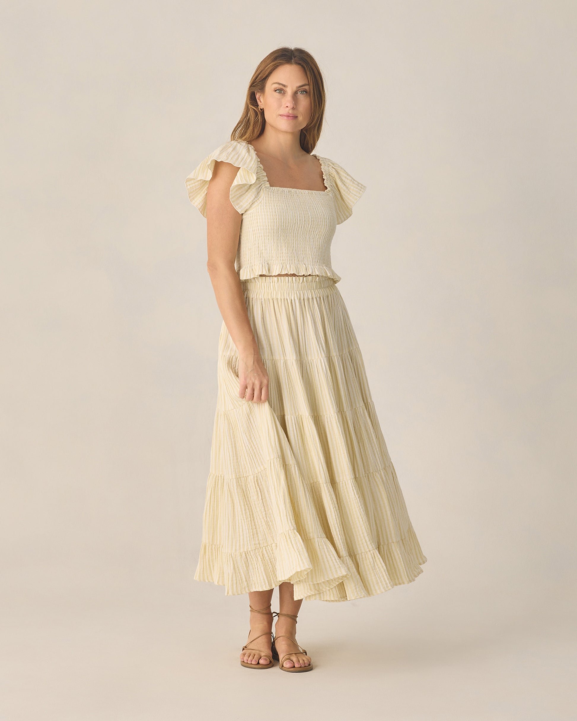 RYLEE + CRU RUFFLED TIERED MAXI SKIRT - CITRON STRIPE