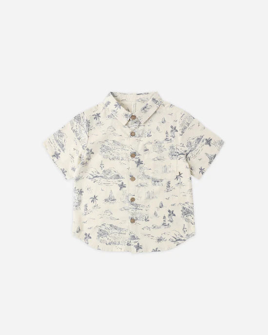 RYLEE + CRU COLLARED SHORT SLEEVE SHIRT - OCEAN TOILLE
