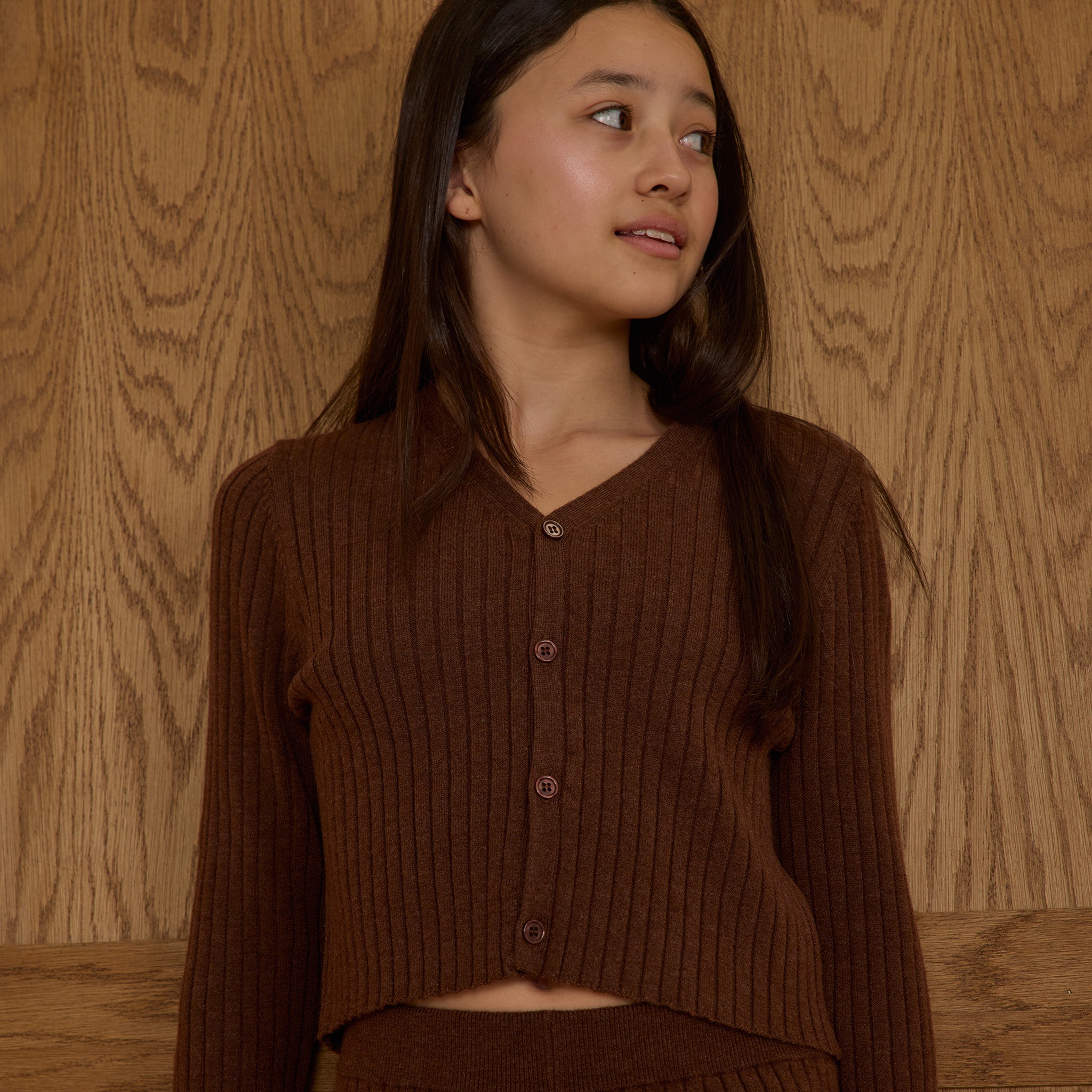 RYLEE + CRU LONG SLEEVE BUTTON TOP - BROWN