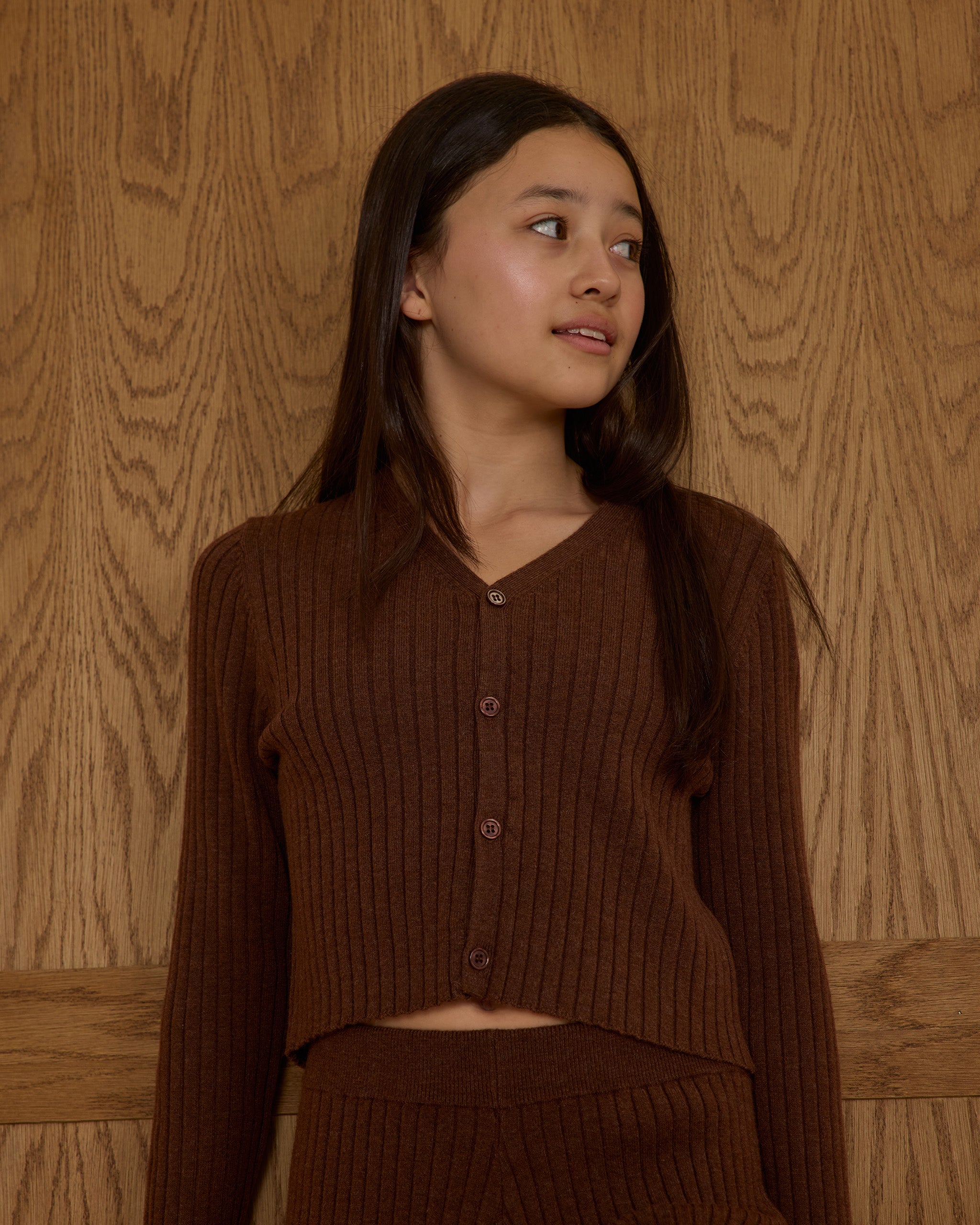 RYLEE + CRU LONG SLEEVE BUTTON TOP - BROWN