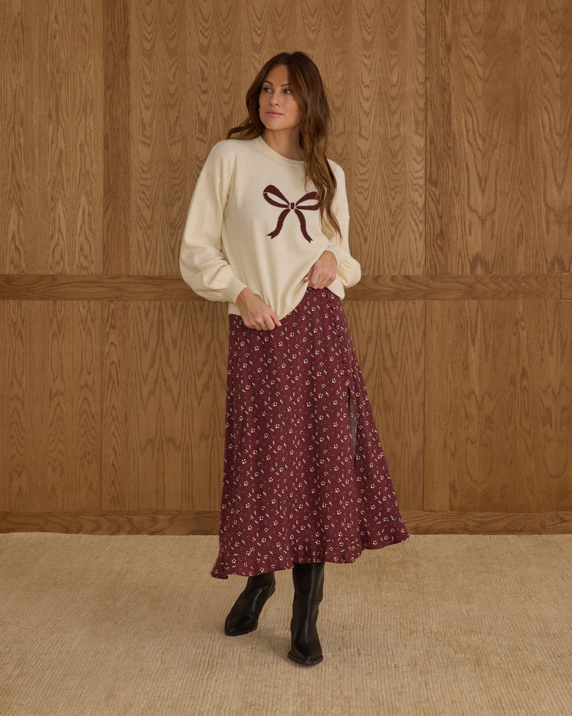 RYLEE + CRU BUTTON SLIT SKIRT - HARVEST BERRY