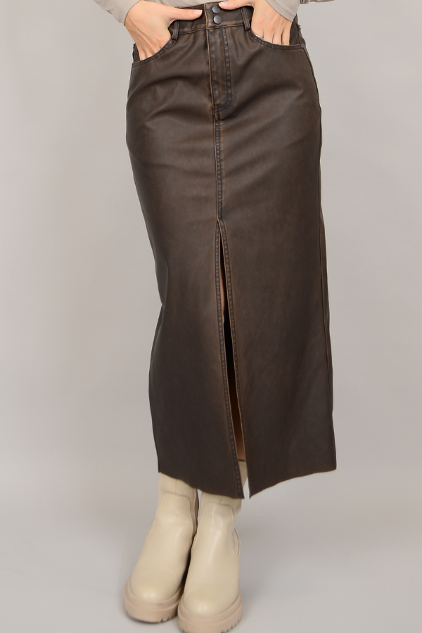 SHAY FAUX LEATHER MIDI SKIRT - CEDAR BROWN - LAST SIZE S