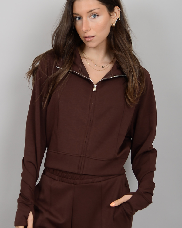 MAYA SUPER SOFT KNIT FULL ZIP HOODIE - CHOCOLATE - LAST SIZE XS