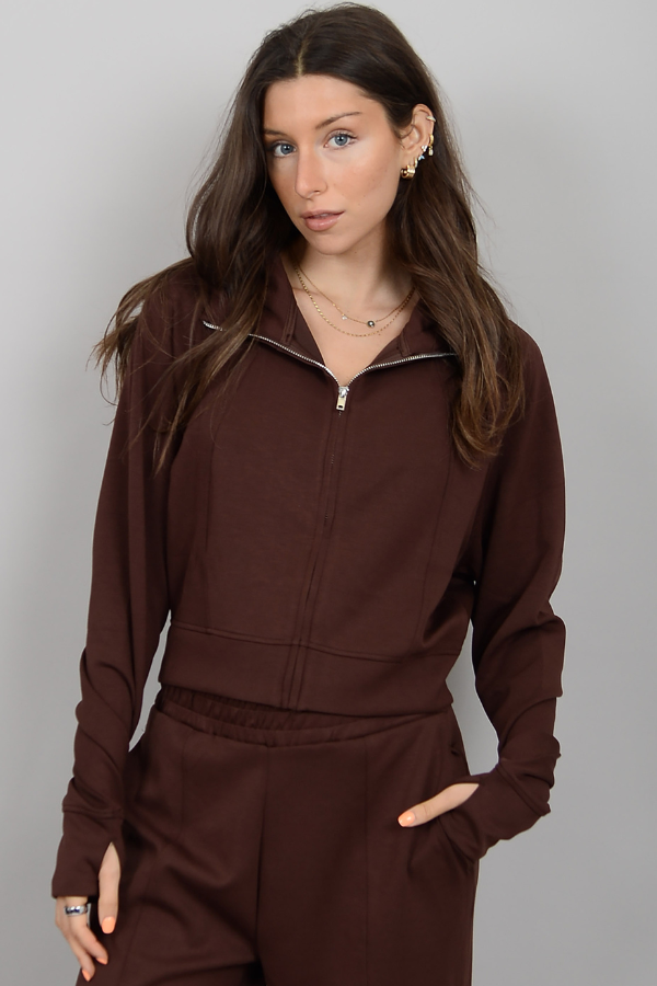 MAYA SUPER SOFT KNIT FULL ZIP HOODIE - CHOCOLATE