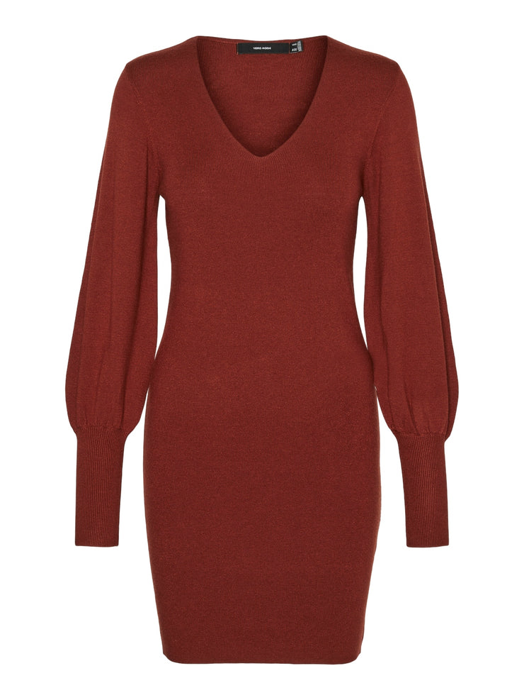 HOLLY KNIT V NECK DRESS - FIRED BRICK