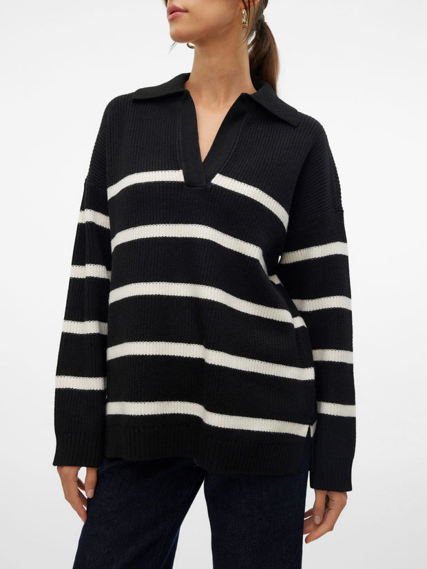 LUNA V NECK LONG PULLOVER - BLACK + BIRCH - LAST SIZE S