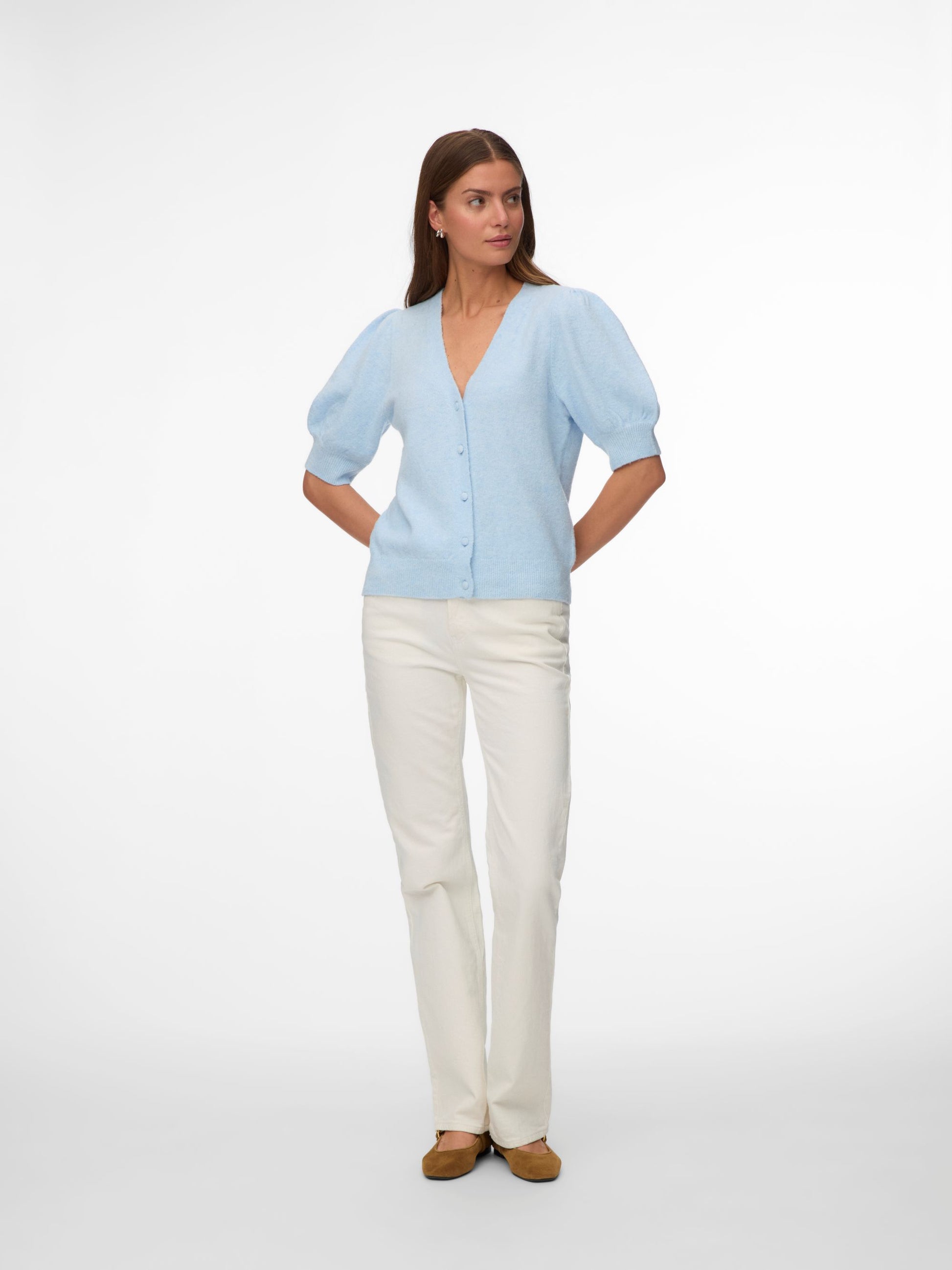 VM DOFFY 2/4 V NECK CARDIGAN - CASHMERE BLUE