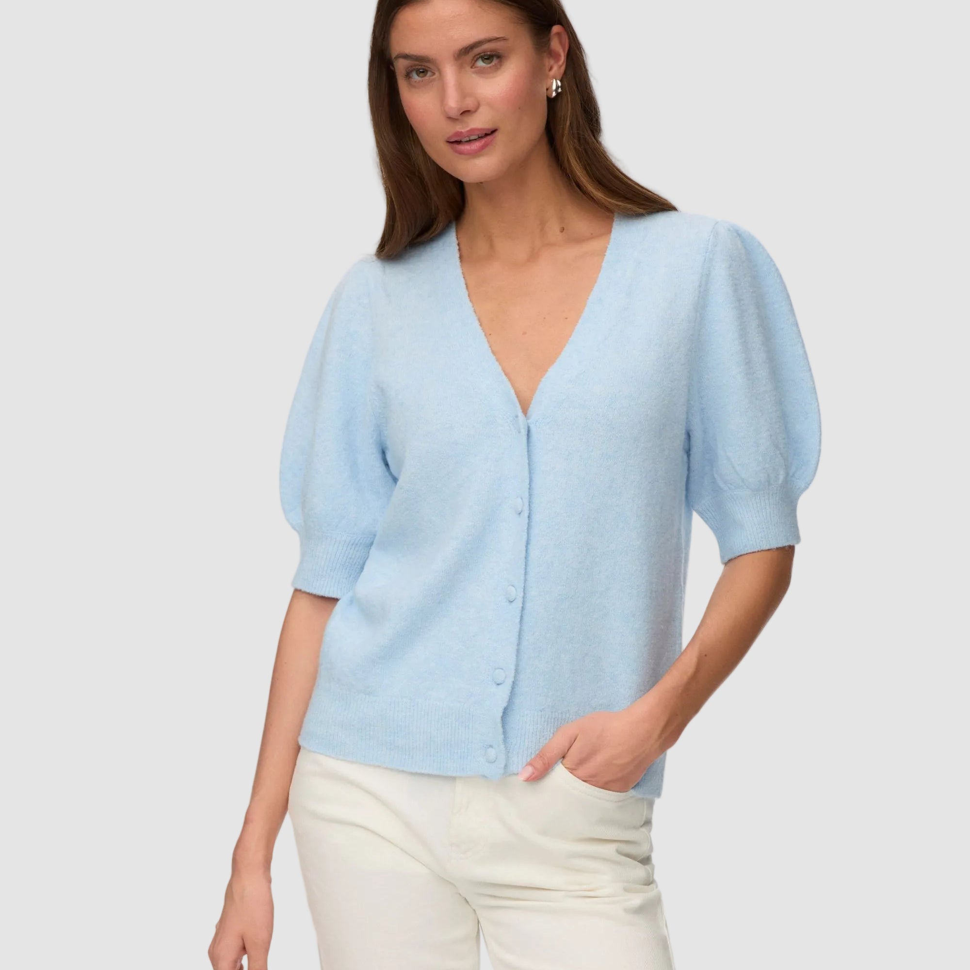 VM DOFFY 2/4 V NECK CARDIGAN - CASHMERE BLUE