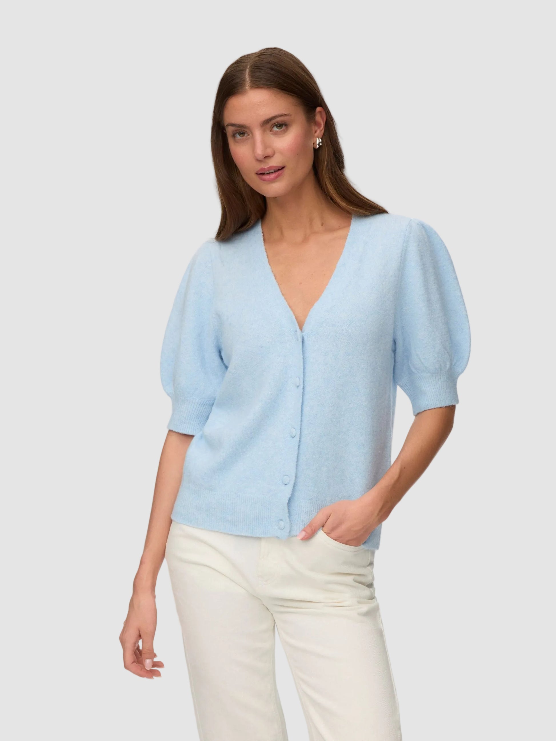 VM DOFFY 2/4 V NECK CARDIGAN - CASHMERE BLUE