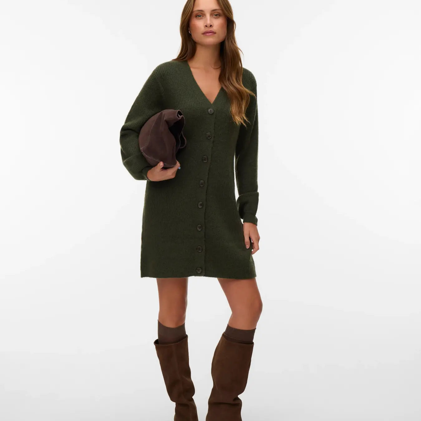 VM KARLA V NECK BUTTON DRESS - FOREST NIGHT