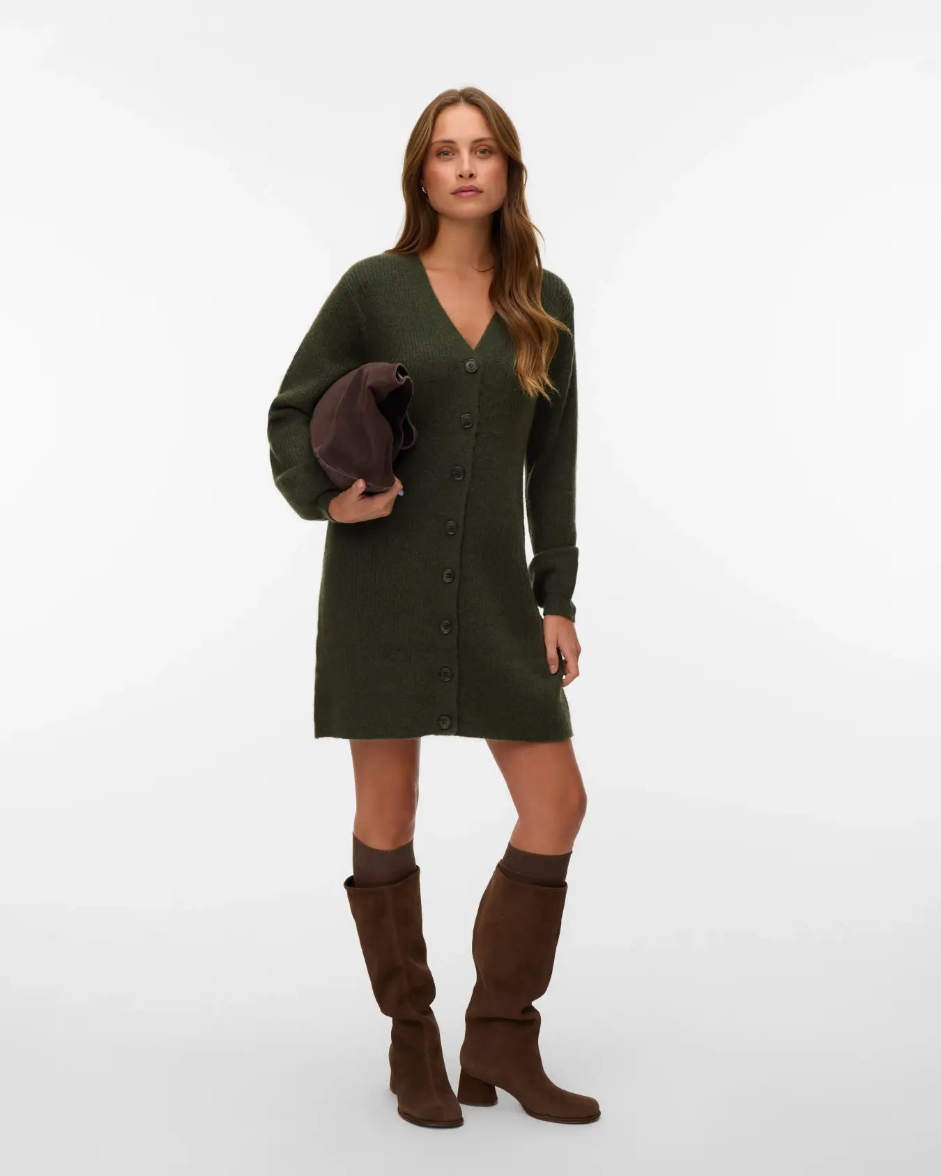 VM KARLA V NECK BUTTON DRESS - FOREST NIGHT