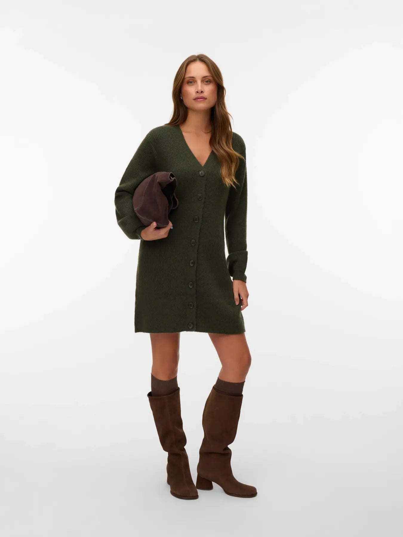 VM KARLA V NECK BUTTON DRESS - FOREST NIGHT