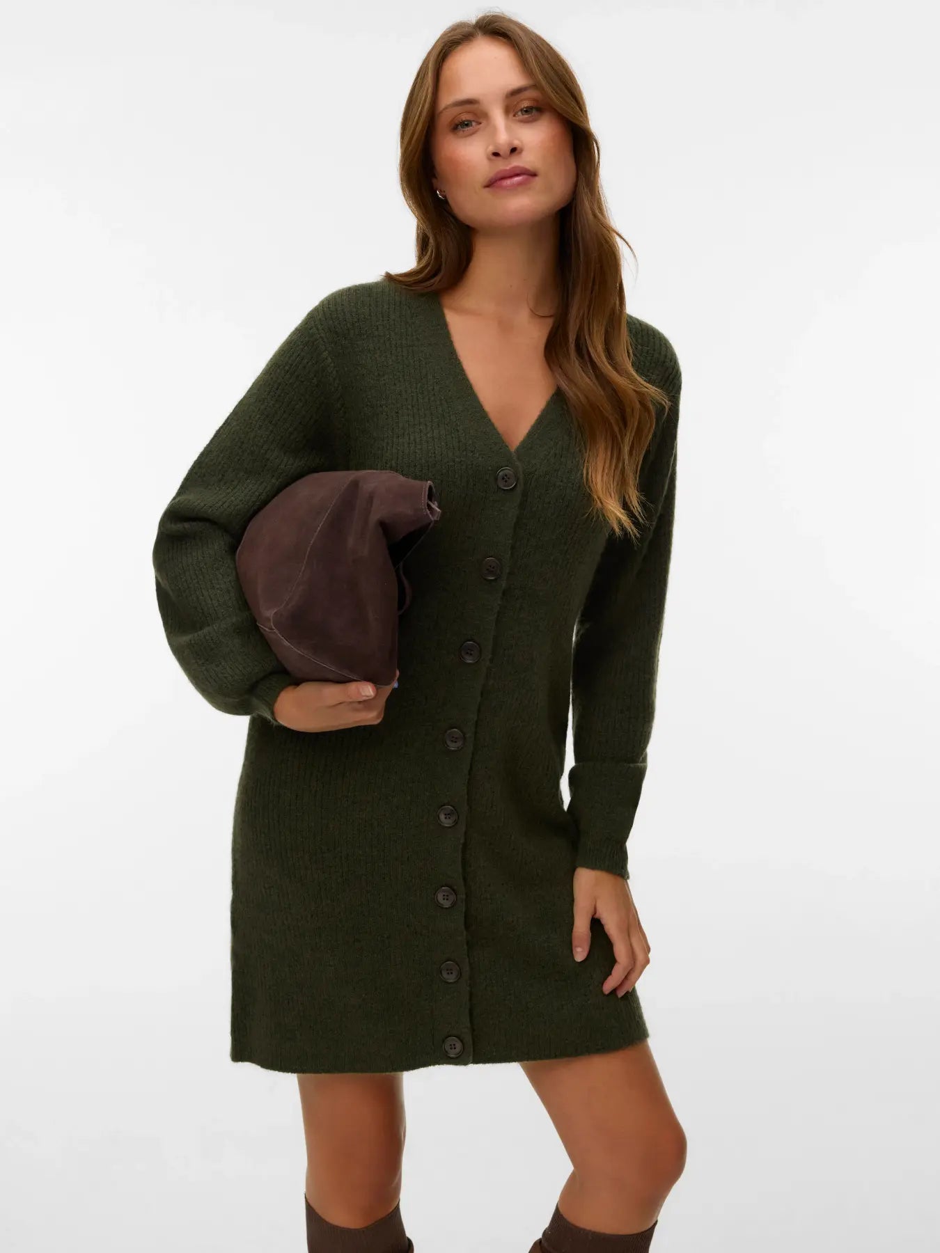 VM KARLA V NECK BUTTON DRESS - FOREST NIGHT