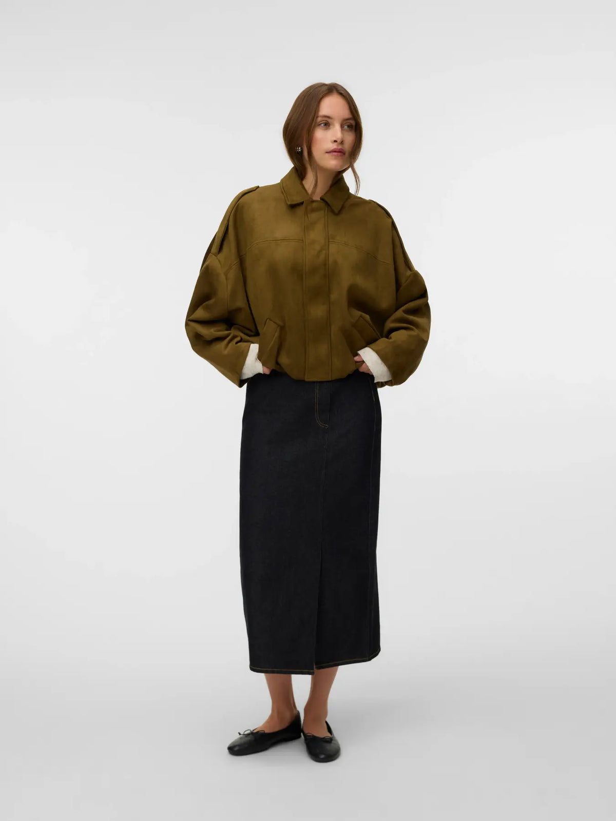 VM HAZEL FAUX SUEDE BOMBER JACKET - MILITARY OLIVE