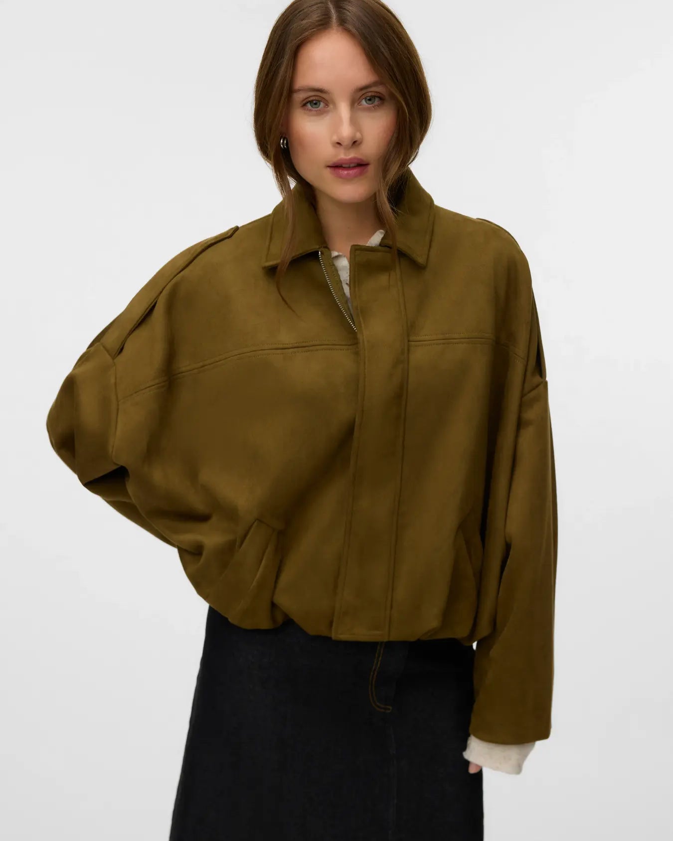 VM HAZEL FAUX SUEDE BOMBER JACKET - MILITARY OLIVE