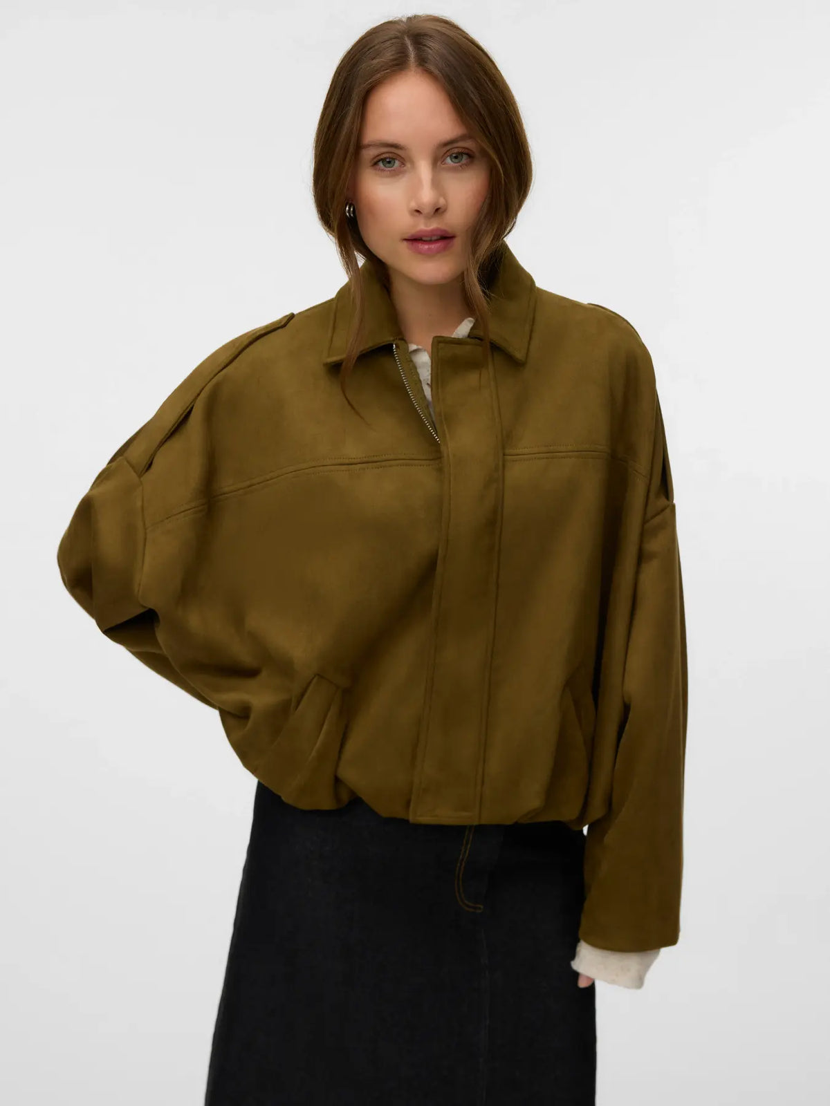 VM HAZEL FAUX SUEDE BOMBER JACKET - MILITARY OLIVE